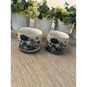 2 vintage speckled stoneware ceramic cups blue floral Japanese cups